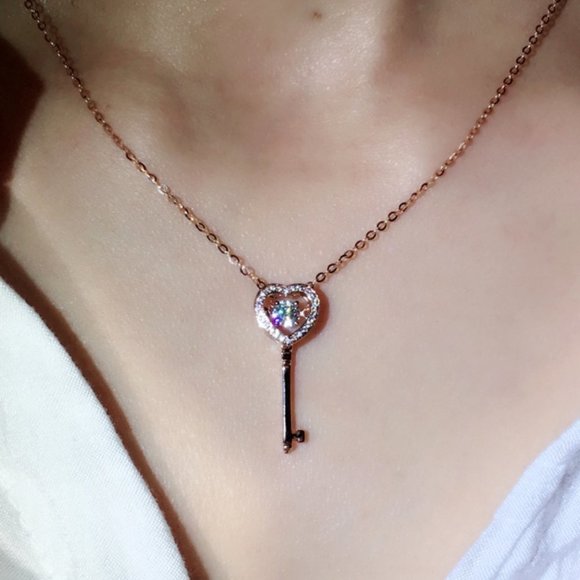 🎁 Key Hollow Heart Zircon Micro Pave Rose Gold Plated Necklace, EVGG1101 - Picture 8 of 9